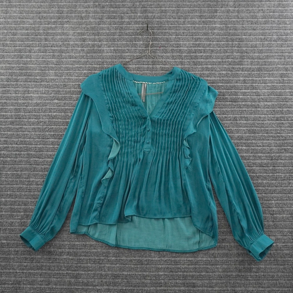 Anthropologie Blouse Womens Size S Teal Blue Pintuck Ruffle Pom Pom Long Sleeve